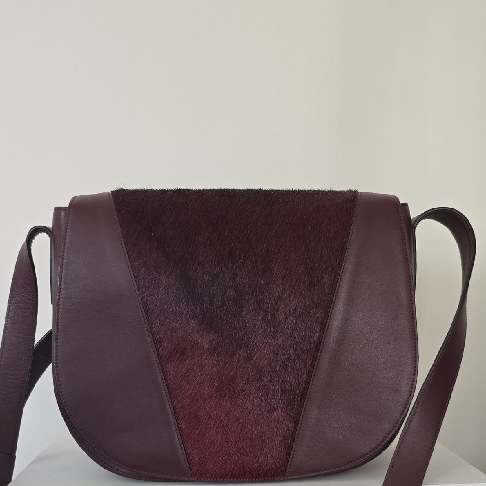Vince Maroon Burgundy Calf Hair Leather Rounded Crossbody Saddle Bag